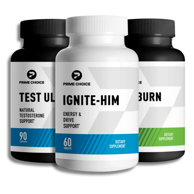 Prime Choice Get Shredded Muscle Pack bundle featuring three supplement bottles: Test Ultra (Natural Testosterone Support, 90 Capsules), Ignite-Him (Energy & Drive Support, 60 Tablets), and Oxy Burn (Fat Burn Formula, Dietary Supplement).