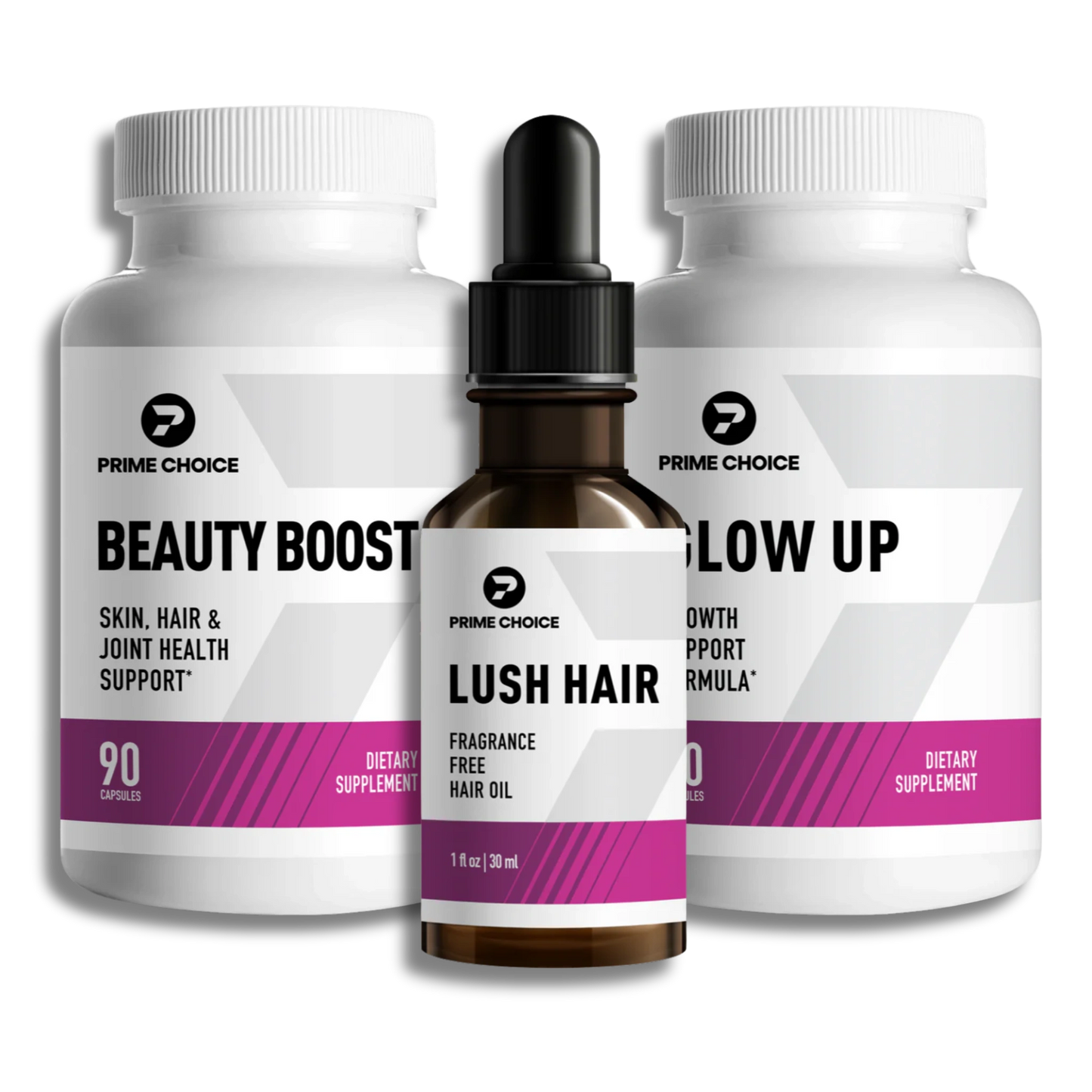 Prime Choice A Radiant Hair Essentials Front supplement bottle with label showing: Radiant Hair Essentials, Hair, Skin, Nails, Collagen & Keratin Blend, 60 Capsules, Dietary Supplement.