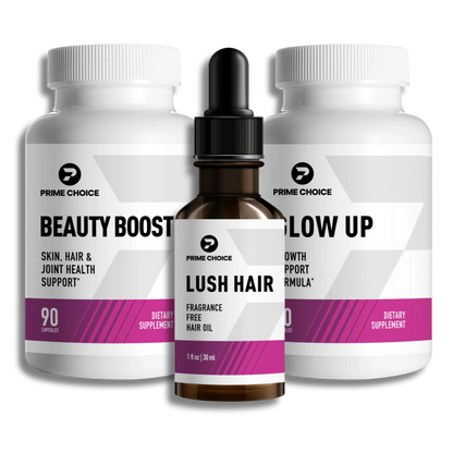 Prime Choice A Radiant Hair Essentials Front supplement bottle with label showing: Radiant Hair Essentials, Hair, Skin, Nails, Collagen & Keratin Blend, 60 Capsules, Dietary Supplement.