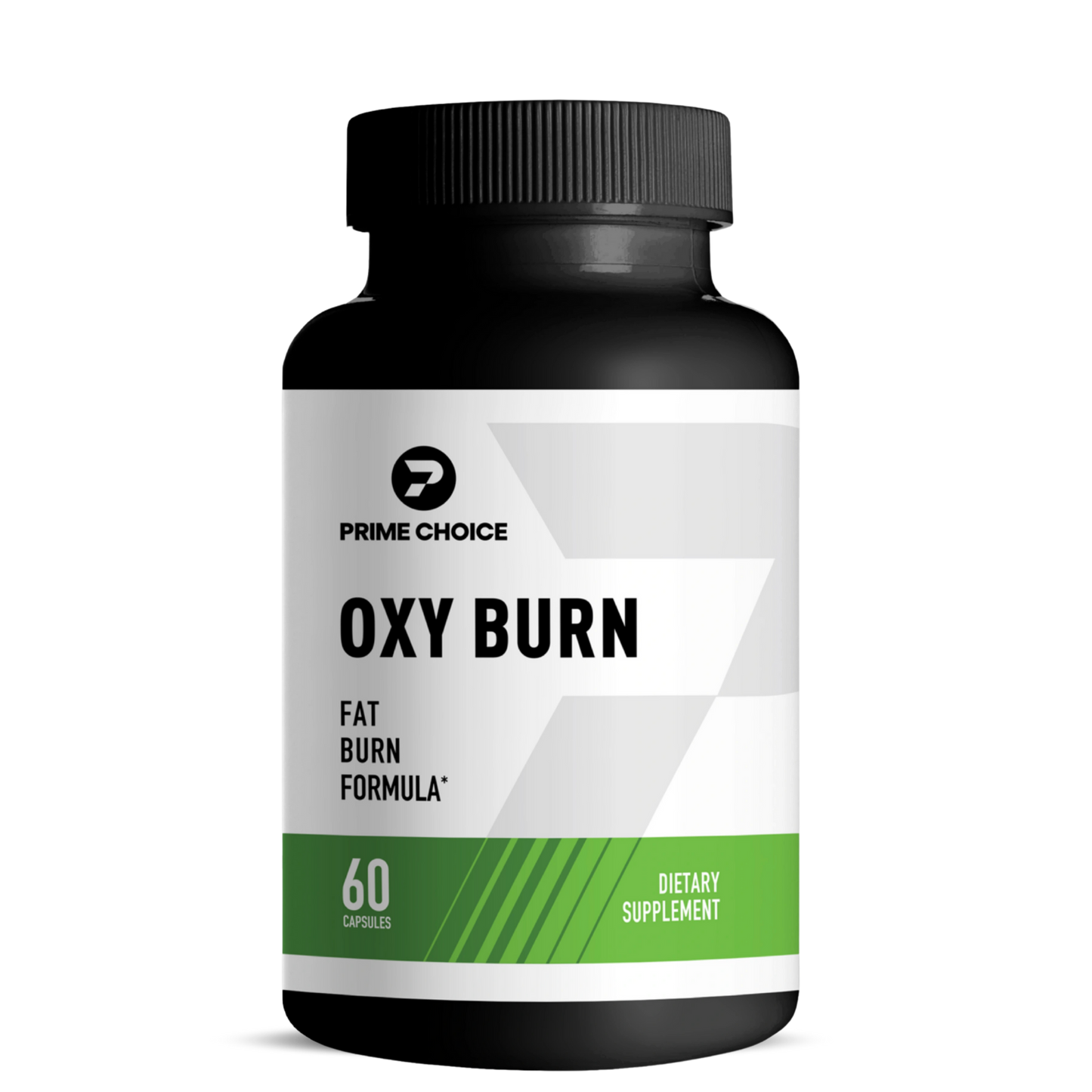 Prime Choice Oxy Burn supplement bottle with label showing: Fat Burn Formula, 60 Capsules, Dietary Supplement.