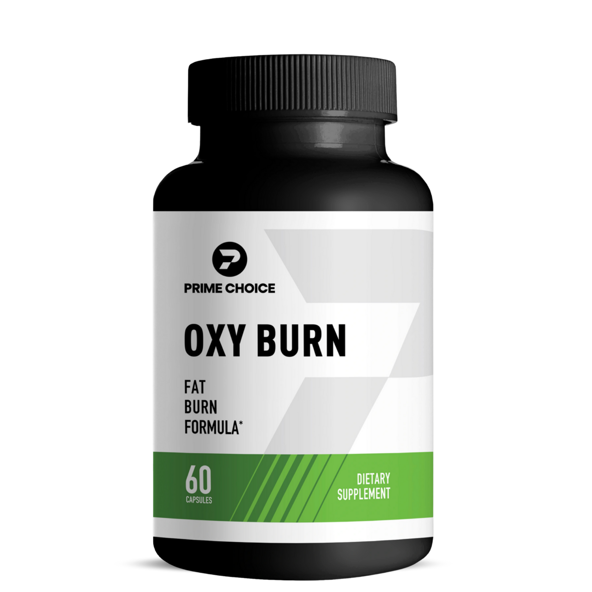 Prime Choice Oxy Burn supplement bottle with label showing: Fat Burn Formula, 60 Capsules, Dietary Supplement.
