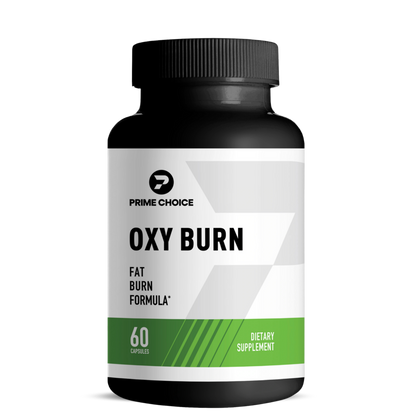 Prime Choice Oxy Burn supplement bottle with label showing: Fat Burn Formula, 60 Capsules, Dietary Supplement.