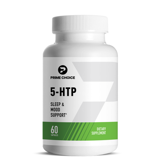 Prime Choice 5-HTP supplement bottle with label showing: Sleep & Mood Support, 60 Capsules, Dietary Supplement.