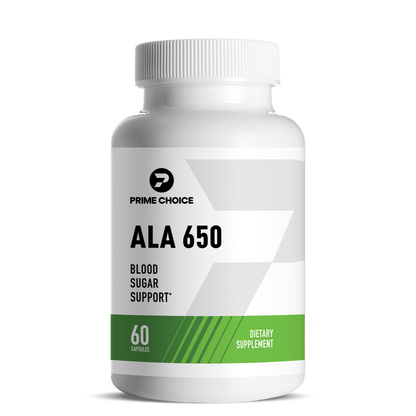 Prime Choice ALA 650 supplement bottle with label showing: Blood Sugar Support, 60 Capsules, Dietary Supplement.
