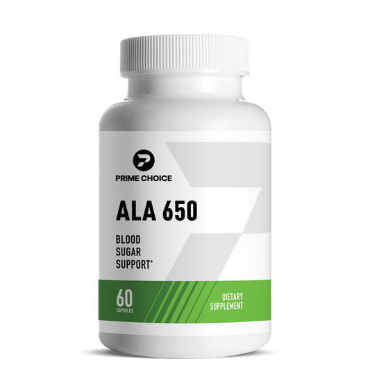 Prime Choice ALA 650 supplement bottle with label showing: Blood Sugar Support, 60 Capsules, Dietary Supplement.