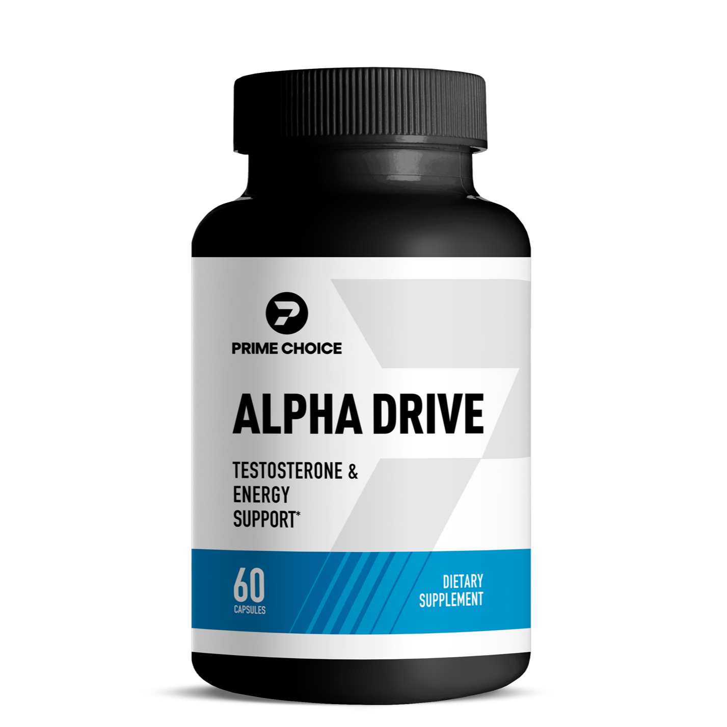 Prime Choice Alpha Drive supplement bottle with label showing: Testosterone & Energy Support, 60 Capsules, Dietary Supplement.