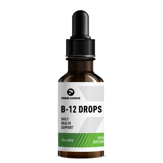 Prime Choice B-12 Drops supplement bottle with label showing: Daily Health Support, 2 fl oz (60 mL), Dietary Supplement.