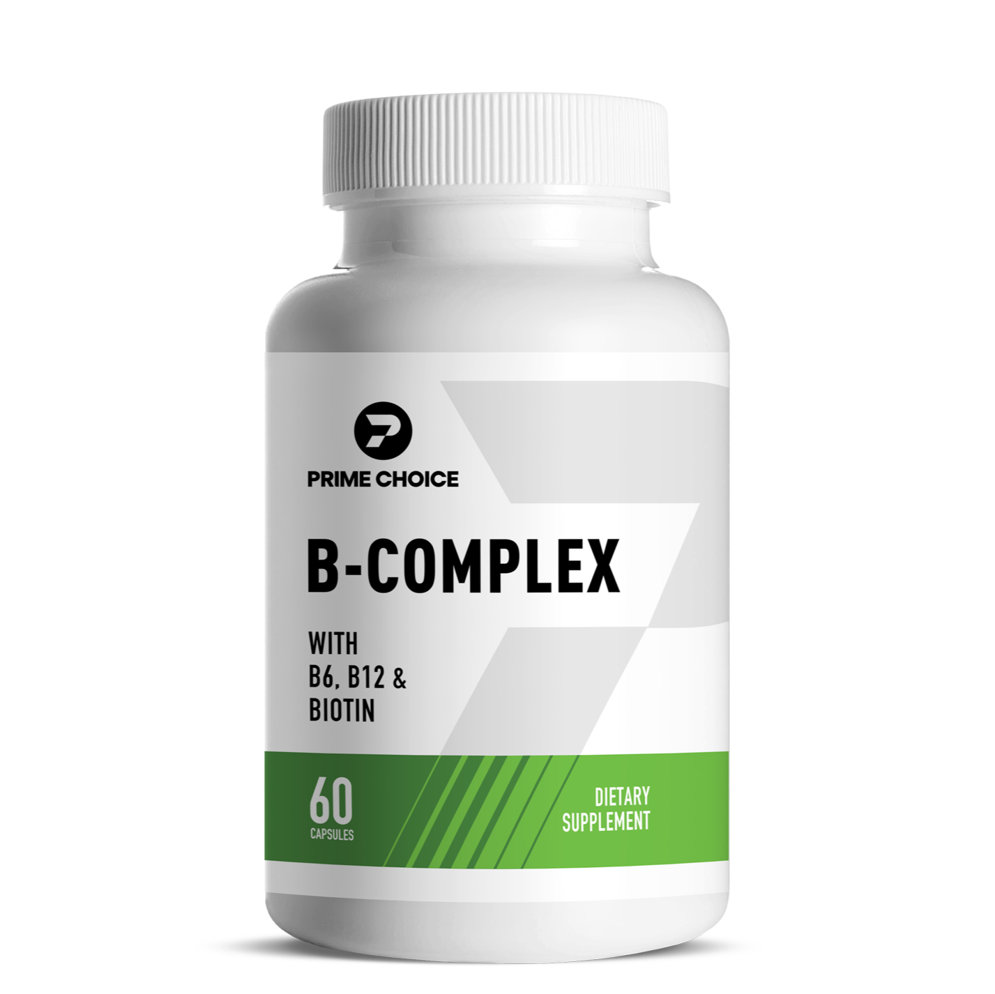 Prime Choice B-Complex supplement bottle with label showing: With B6, B12 & Biotin, 60 Capsules, Dietary Supplement.