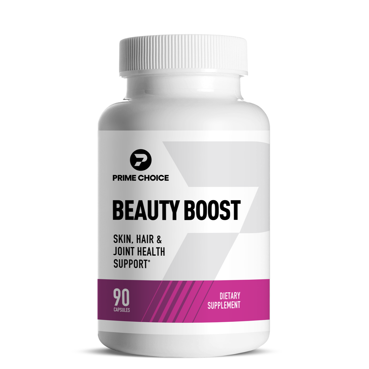 Prime Choice Beauty Boost supplement bottle with label showing: Skin, Hair & Joint Health Support, 90 Capsules, Dietary Supplement.
