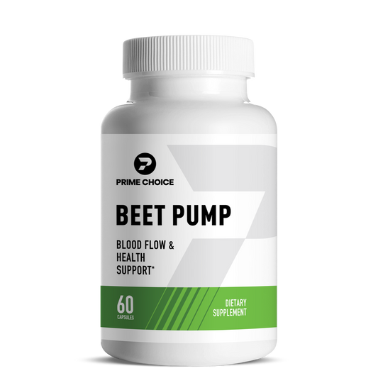 Prime Choice Beet Pump supplement bottle with label showing: Blood Flow & Health Support, 60 Capsules, Dietary Supplement.