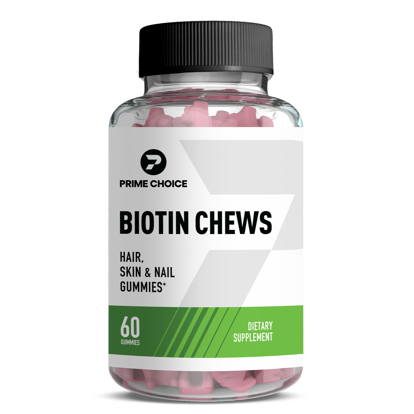 Prime Choice Biotin Chews supplement bottle with label showing: Hair, Skin & Nail Gummies, 60 Gummies, Dietary Supplement.