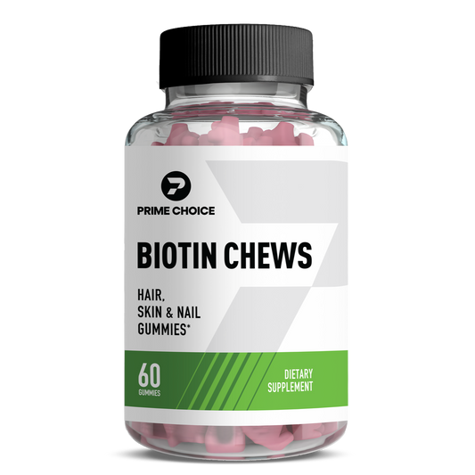 Prime Choice Biotin Chews supplement bottle with label showing: Hair, Skin & Nail Gummies, 60 Gummies, Dietary Supplement.