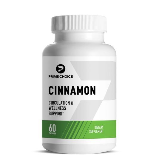 Prime Choice Cinnamon supplement bottle with label showing: Circulation & Wellness Support, 60 Capsules, Dietary Supplement.
