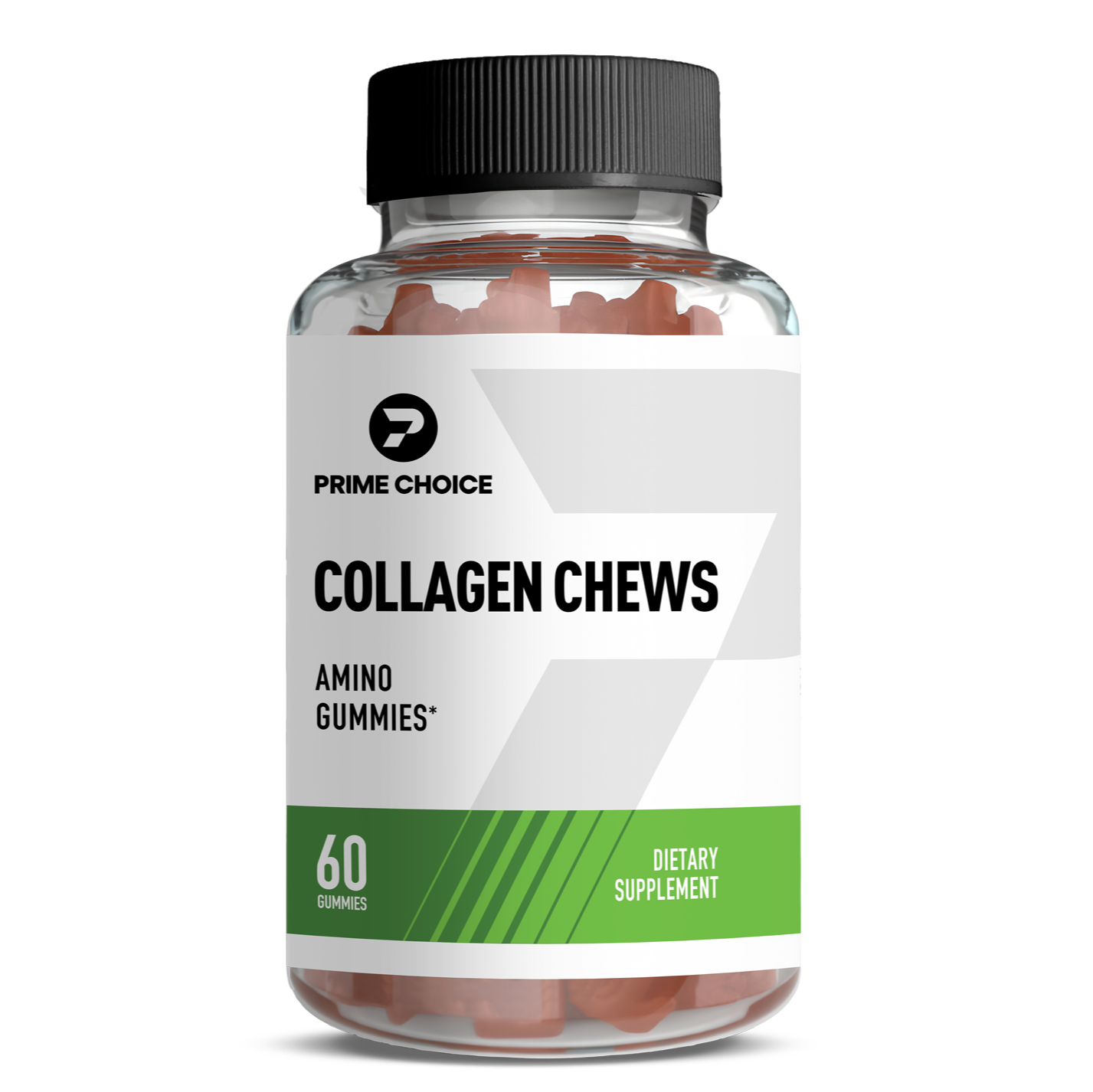 Prime Choice Collagen Chews supplement bottle with label showing: Amino Gummies, 60 Gummies, Dietary Supplement.