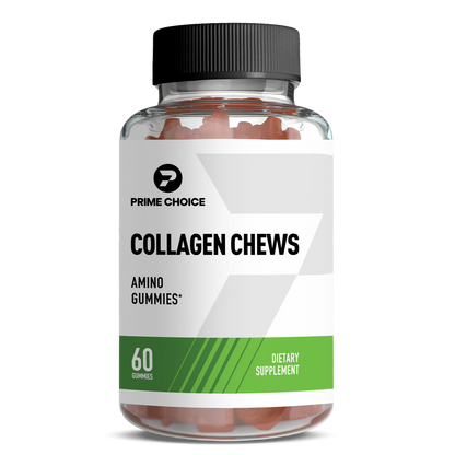 Prime Choice Collagen Chews supplement bottle with label showing: Amino Gummies, 60 Gummies, Dietary Supplement.