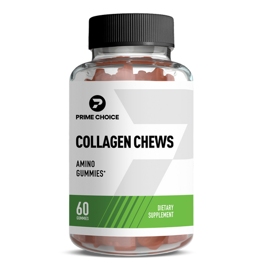 Prime Choice Collagen Chews supplement bottle with label showing: Amino Gummies, 60 Gummies, Dietary Supplement.
