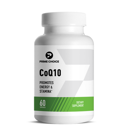 Prime Choice CoQ10 supplement bottle with label showing: Promotes Energy & Stamina, 60 Capsules, Dietary Supplement.
