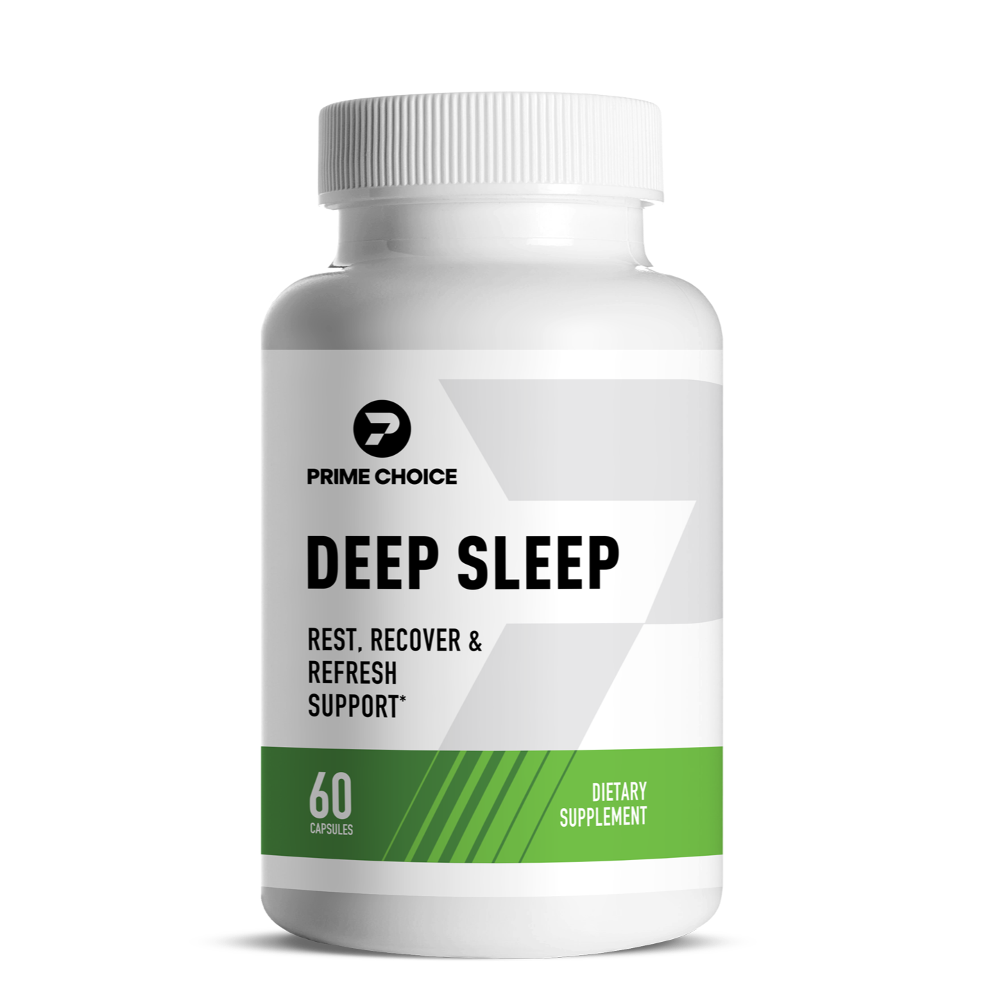 Prime Choice Deep Sleep supplement bottle with label showing: Rest, Recover & Refresh Support, 60 Capsules, Dietary Supplement.