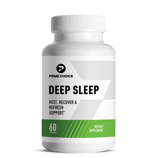 Prime Choice Deep Sleep supplement bottle with label showing: Rest, Recover & Refresh Support, 60 Capsules, Dietary Supplement.