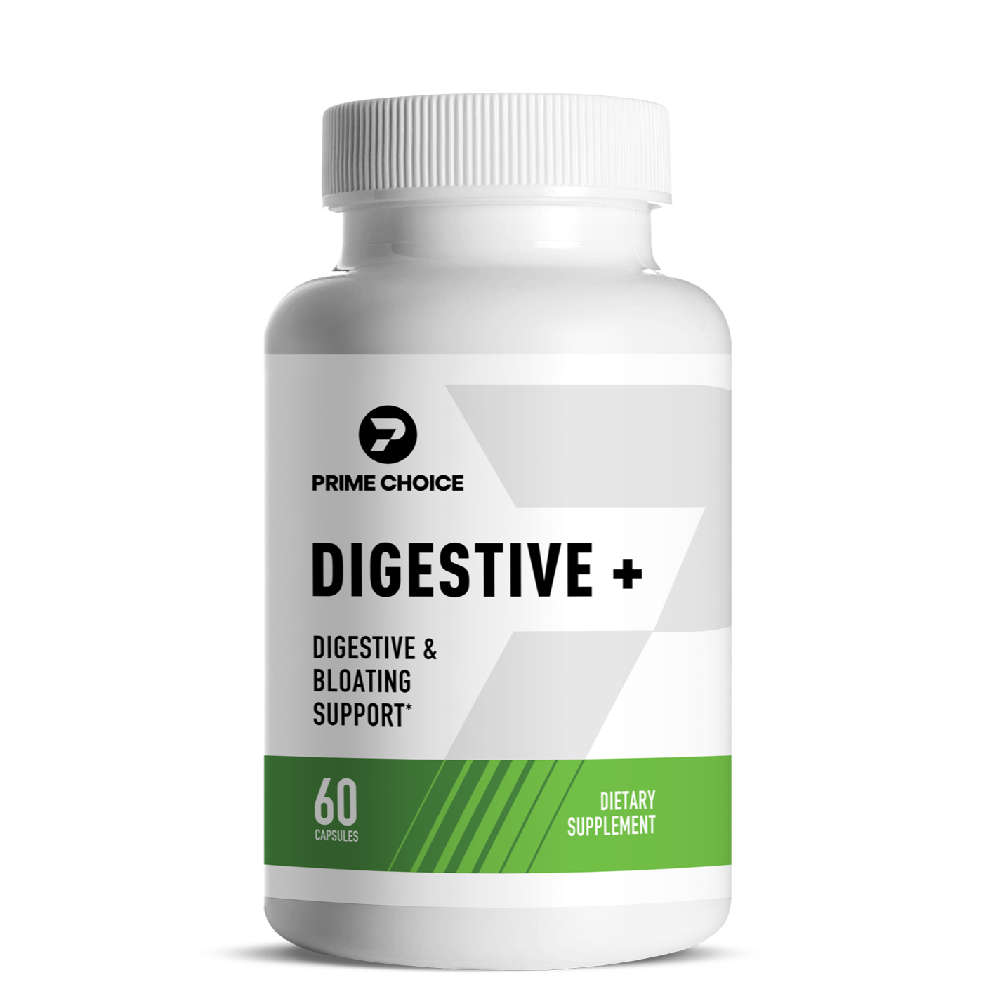 Prime Choice Digestive+ supplement bottle with label showing: Digestive & Bloating Support, 60 Capsules, Dietary Supplement.