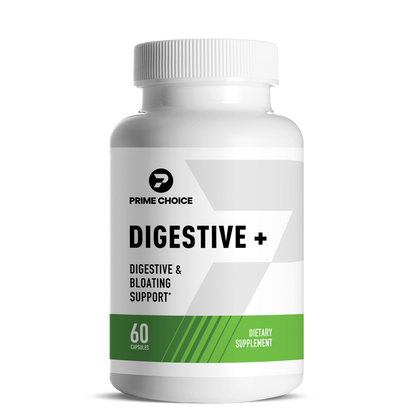 Prime Choice Digestive+ supplement bottle with label showing: Digestive & Bloating Support, 60 Capsules, Dietary Supplement.