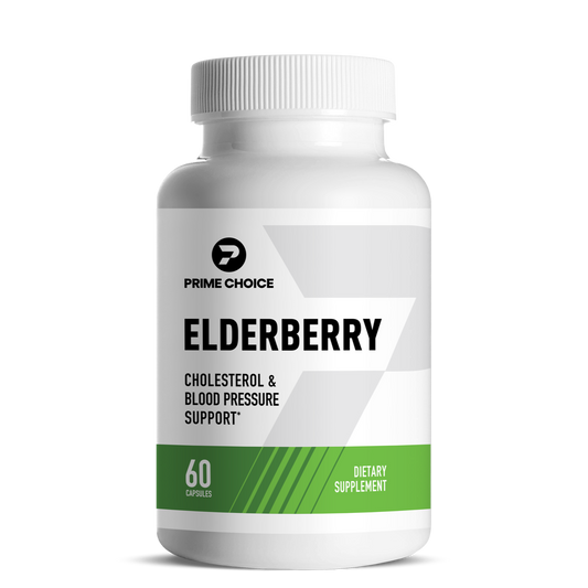 Prime Choice Elderberry supplement bottle with label showing: Cholesterol & Blood Pressure Support, 60 Capsules, Dietary Supplement.