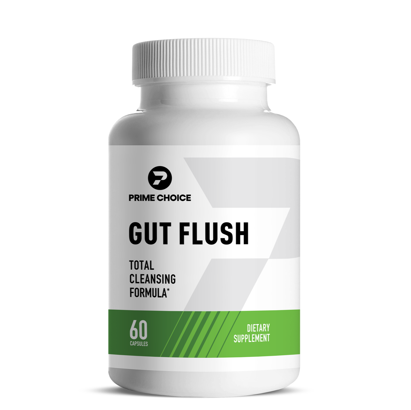 Prime Choice Gut Flush supplement bottle with label showing: Total Cleansing Formula, 60 Capsules, Dietary Supplement.