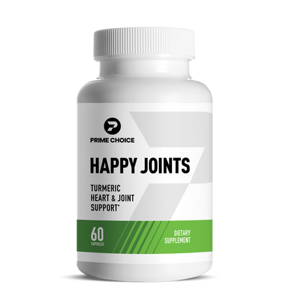 Prime Choice Happy Joints supplement bottle with label showing: Turmeric Heart & Joint Support, 60 Capsules, Dietary Supplement.