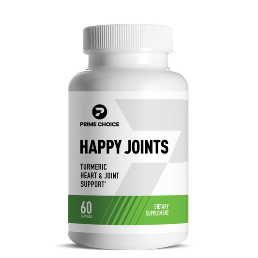 Prime Choice Happy Joints supplement bottle with label showing: Turmeric Heart & Joint Support, 60 Capsules, Dietary Supplement.