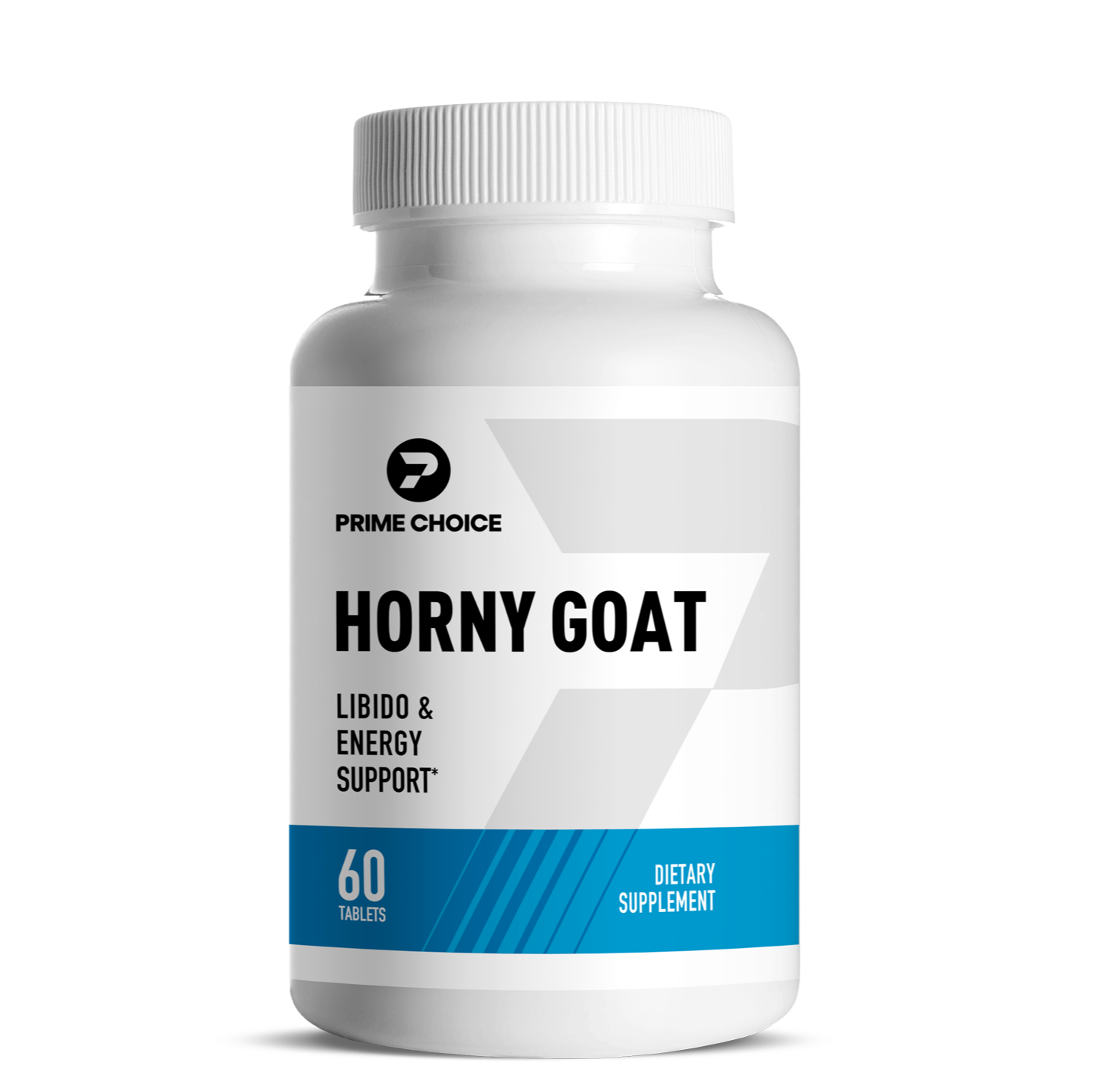 Prime Choice Horny Goat supplement bottle with label showing: Libido & Energy Support, 60 Tablets, Dietary Supplement.
