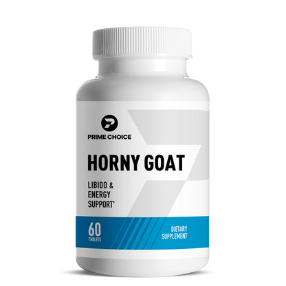 Prime Choice Horny Goat supplement bottle with label showing: Libido & Energy Support, 60 Tablets, Dietary Supplement.