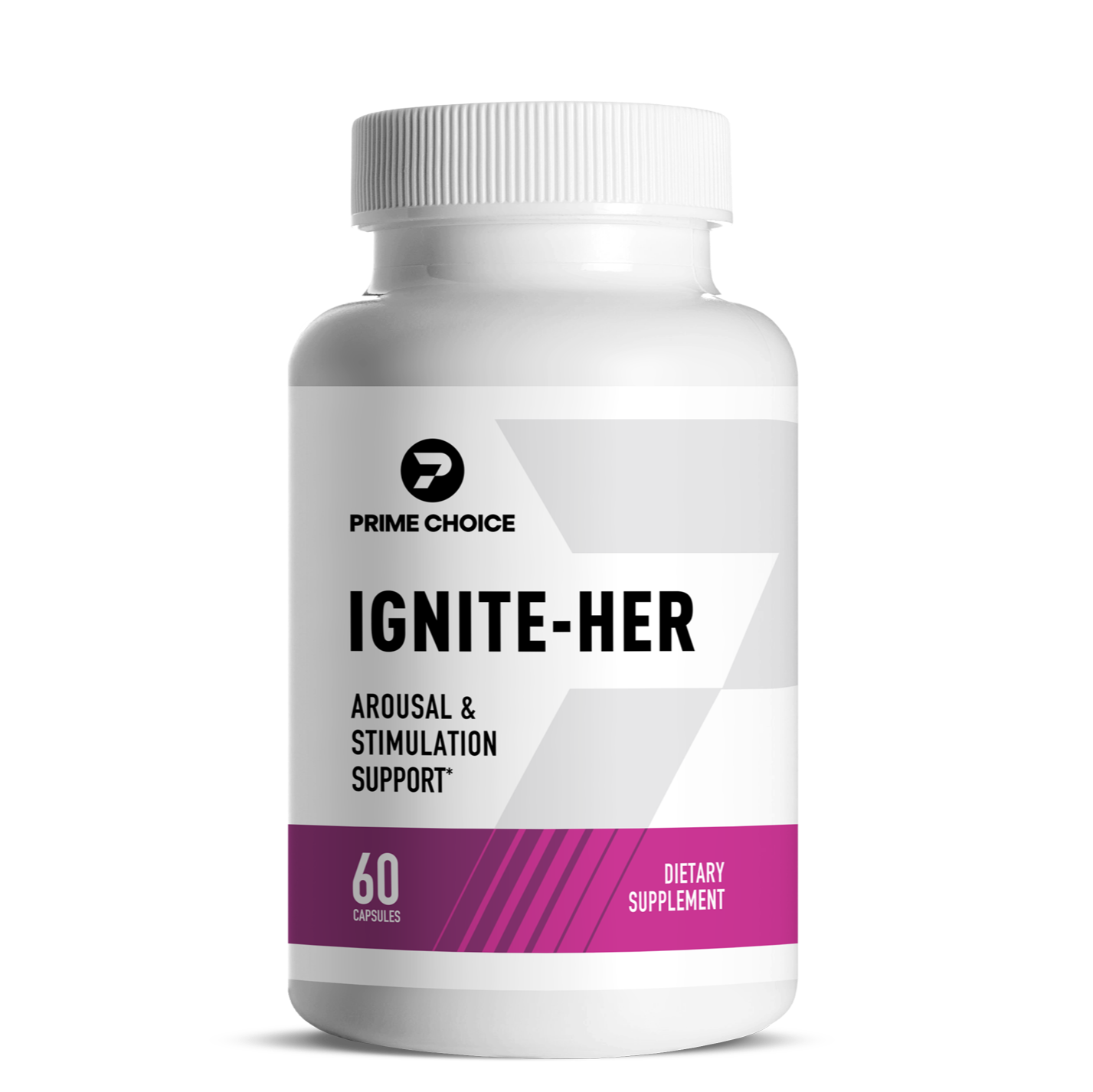 Prime Choice Ignite-Her supplement bottle with label showing: Arousal & Stimulation Support, 60 Capsules, Dietary Supplement.