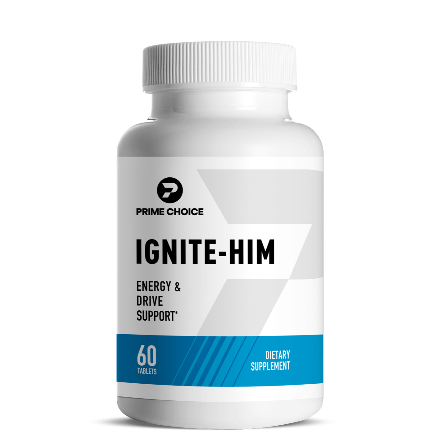 Prime Choice Ignite-Him supplement bottle with label showing: Energy & Drive Support, 60 Tablets, Dietary Supplement.