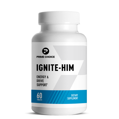 Prime Choice Ignite-Him supplement bottle with label showing: Energy & Drive Support, 60 Tablets, Dietary Supplement.