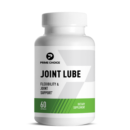 Prime Choice Joint Lube supplement bottle with label showing: Flexibility & Joint Support, 60 Capsules, Dietary Supplement.