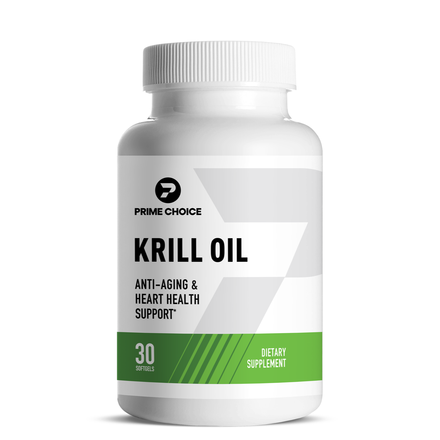 Prime Choice Krill Oil supplement bottle with label showing: Anti-Aging & Heart Health Support, 30 Softgels, Dietary Supplement.