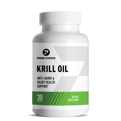 Prime Choice Krill Oil supplement bottle with label showing: Anti-Aging & Heart Health Support, 30 Softgels, Dietary Supplement.