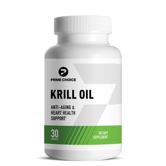 Prime Choice Krill Oil supplement bottle with label showing: Anti-Aging & Heart Health Support, 30 Softgels, Dietary Supplement.