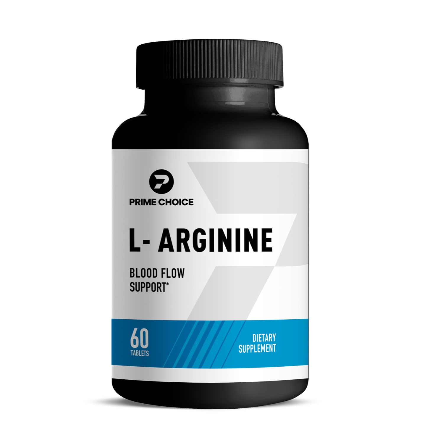 Prime Choice L-Arginine supplement bottle with label showing: Blood Flow Support, 60 Tablets, Dietary Supplement.