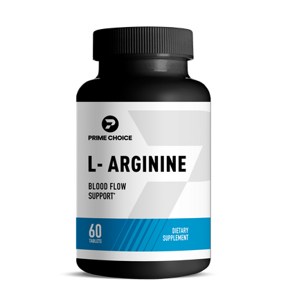 Prime Choice L-Arginine supplement bottle with label showing: Blood Flow Support, 60 Tablets, Dietary Supplement.