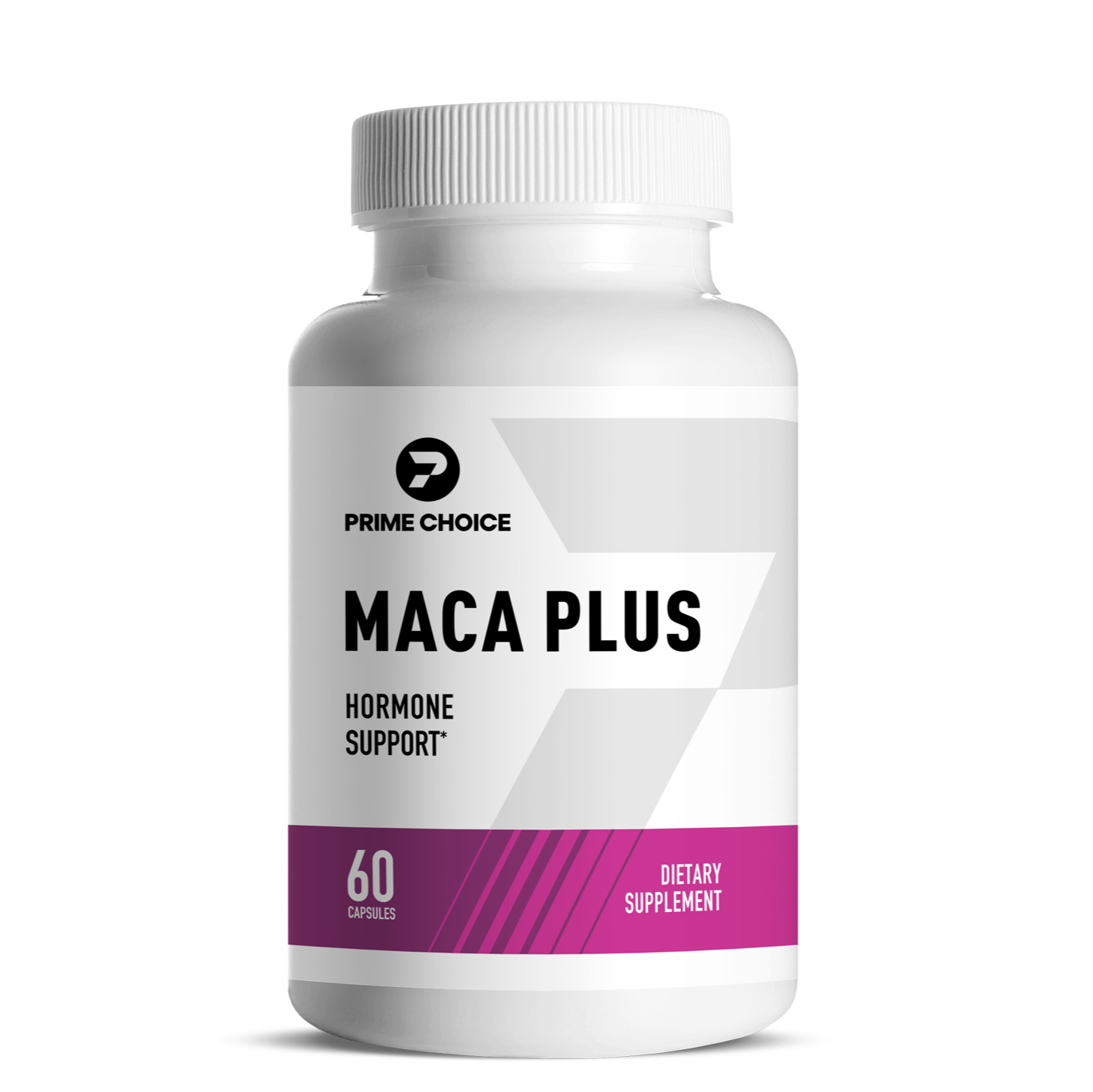 Prime Choice Maca Plus supplement bottle with label showing: Maca Plus, Hormonal Support, 60 Capsules, Dietary Supplement.