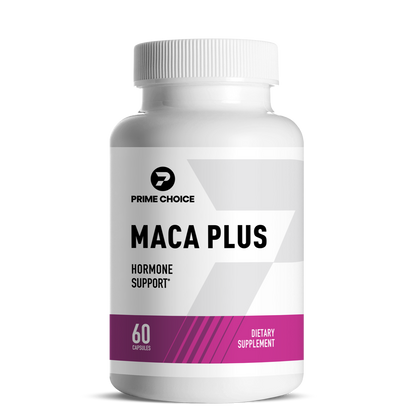 Prime Choice Maca Plus supplement bottle with label showing: Maca Plus, Hormonal Support, 60 Capsules, Dietary Supplement.