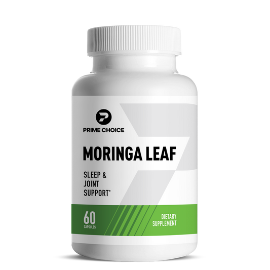 Prime Choice Moringa Leaf supplement bottle with label showing: Sleep & Joint Support, 60 Capsules, Dietary Supplement.