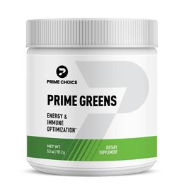 Prime Choice brand prime greens supplement product photo showing front packaging. Promotes energy, boosts metabolism, and supports overall wellness.
