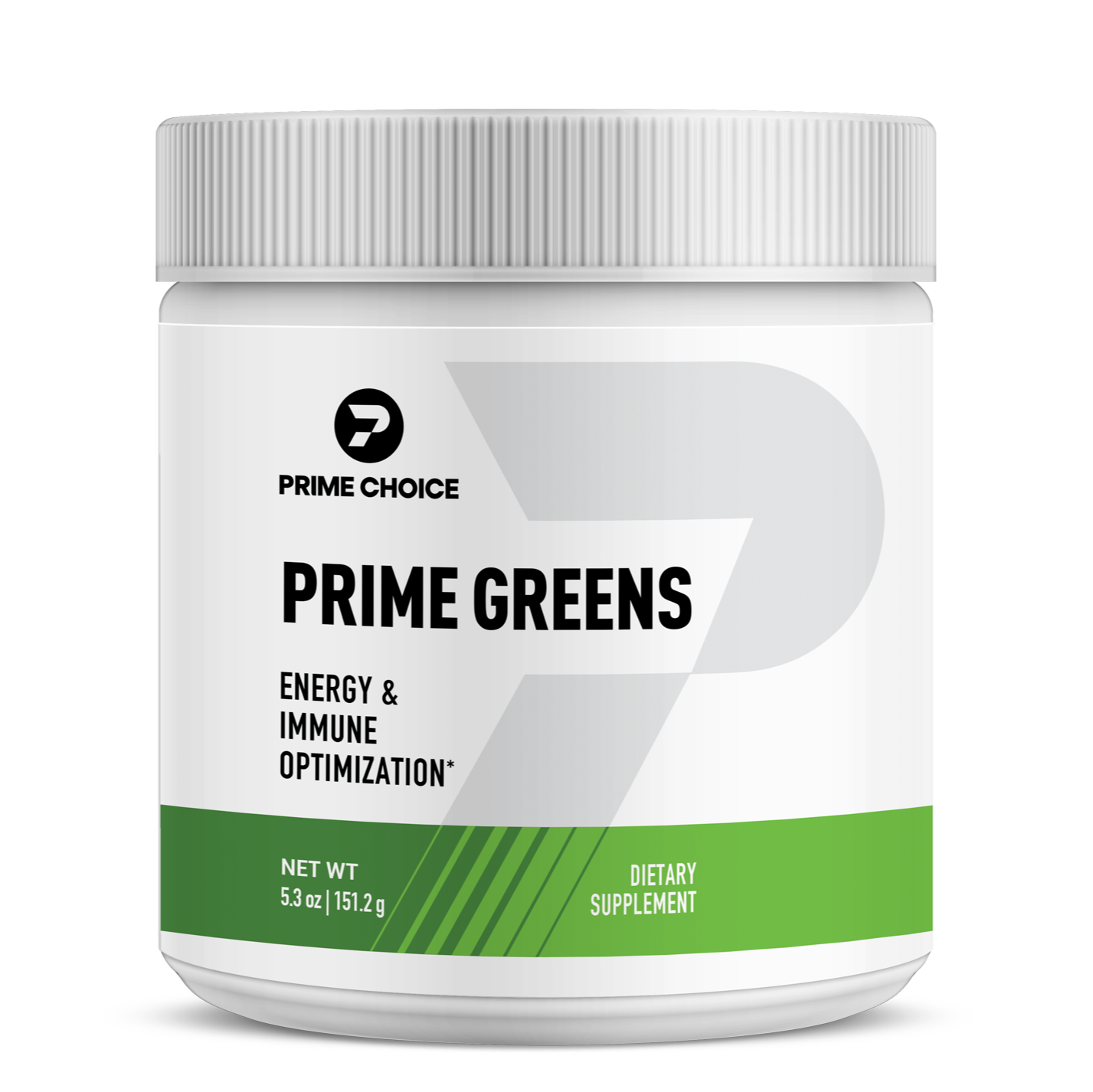 Prime Choice brand prime greens supplement product photo showing front packaging. Promotes energy, boosts metabolism, and supports overall wellness.