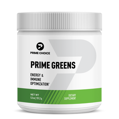 Prime Choice brand prime greens supplement product photo showing front packaging. Promotes energy, boosts metabolism, and supports overall wellness.