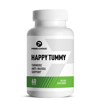Prime Choice Happy Tummy supplement bottle with label showing: Turmeric Anti-Nausea Support, 60 Capsules, Dietary Supplement.