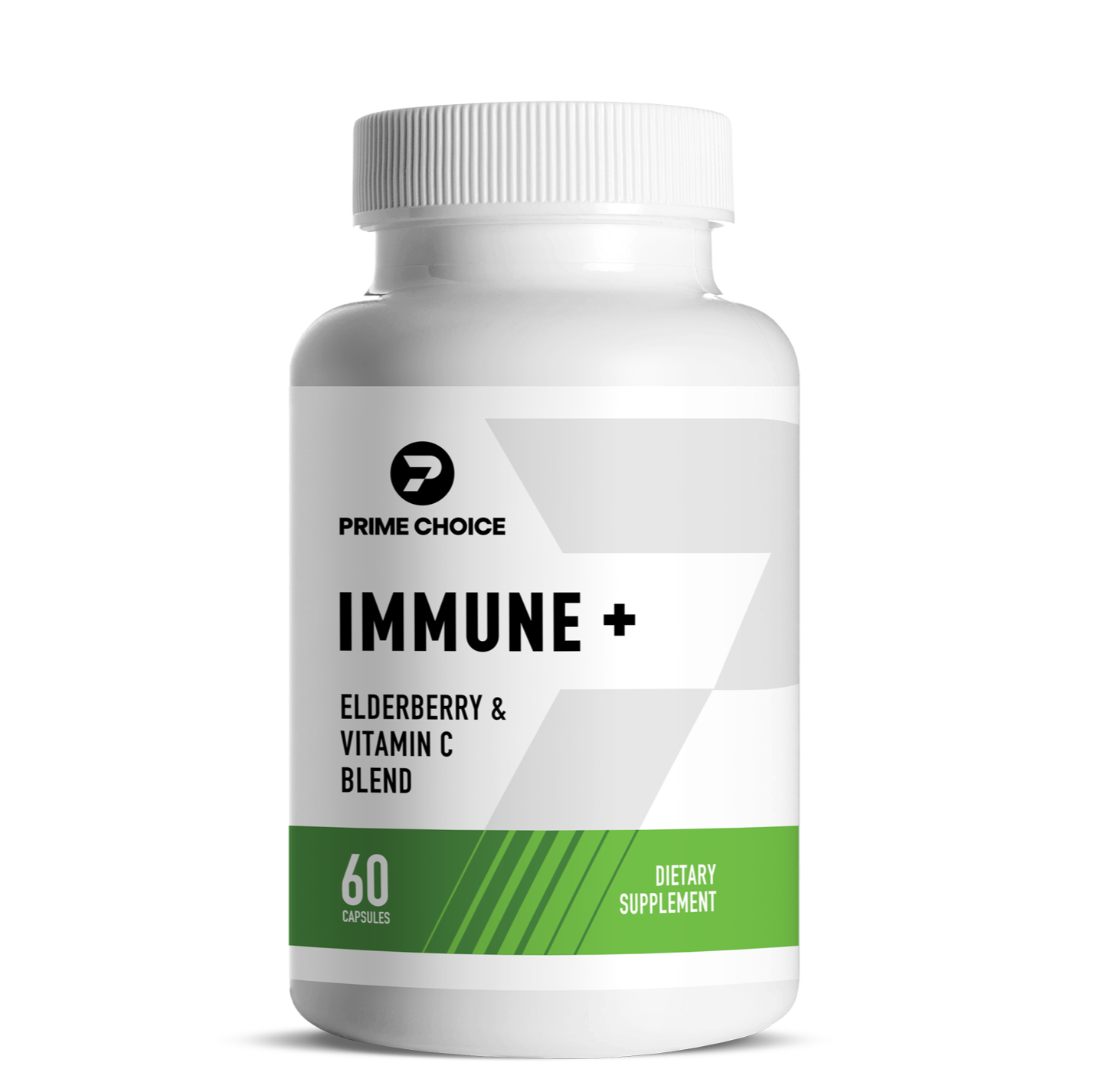 Prime Choice Immune+ supplement bottle with label showing: Elderberry & Vitamin C Blend, 60 Capsules, Dietary Supplement.