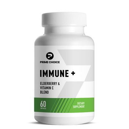 Prime Choice Immune+ supplement bottle with label showing: Elderberry & Vitamin C Blend, 60 Capsules, Dietary Supplement.