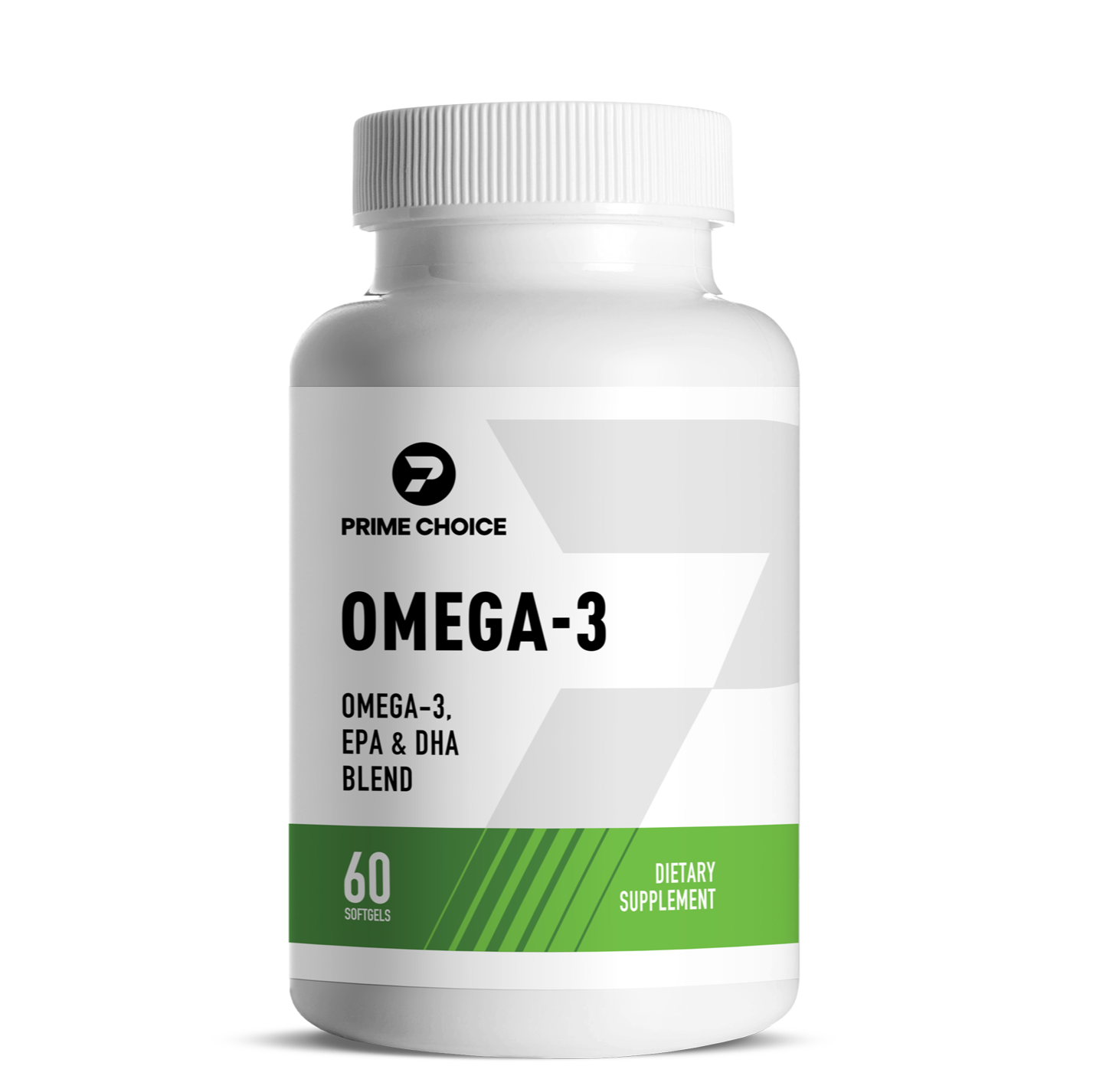 Prime Choice Omega-3 supplement bottle with label showing: Omega-3, EPA & DHA Blend, 60 Softgels, Dietary Supplement.